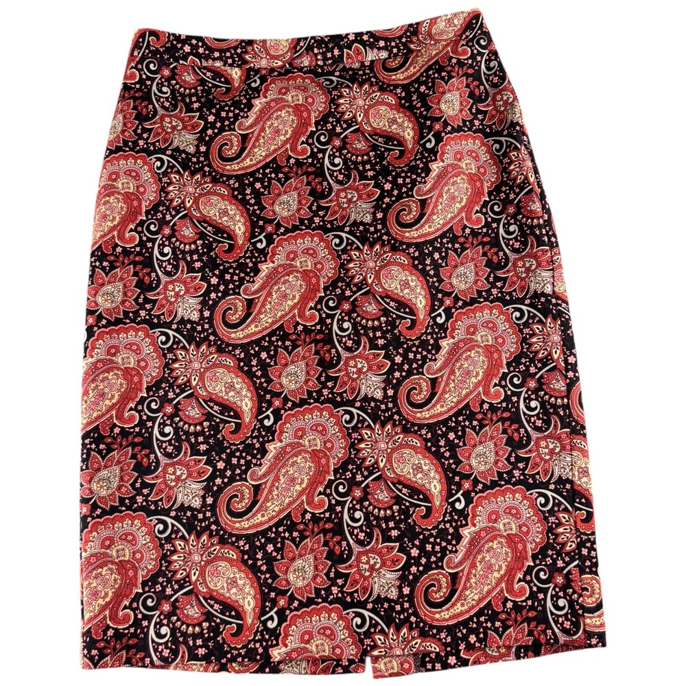 Talbots Red Black Paisley Floral Pencil Skirt Size 12 Knee Length Lined Vent